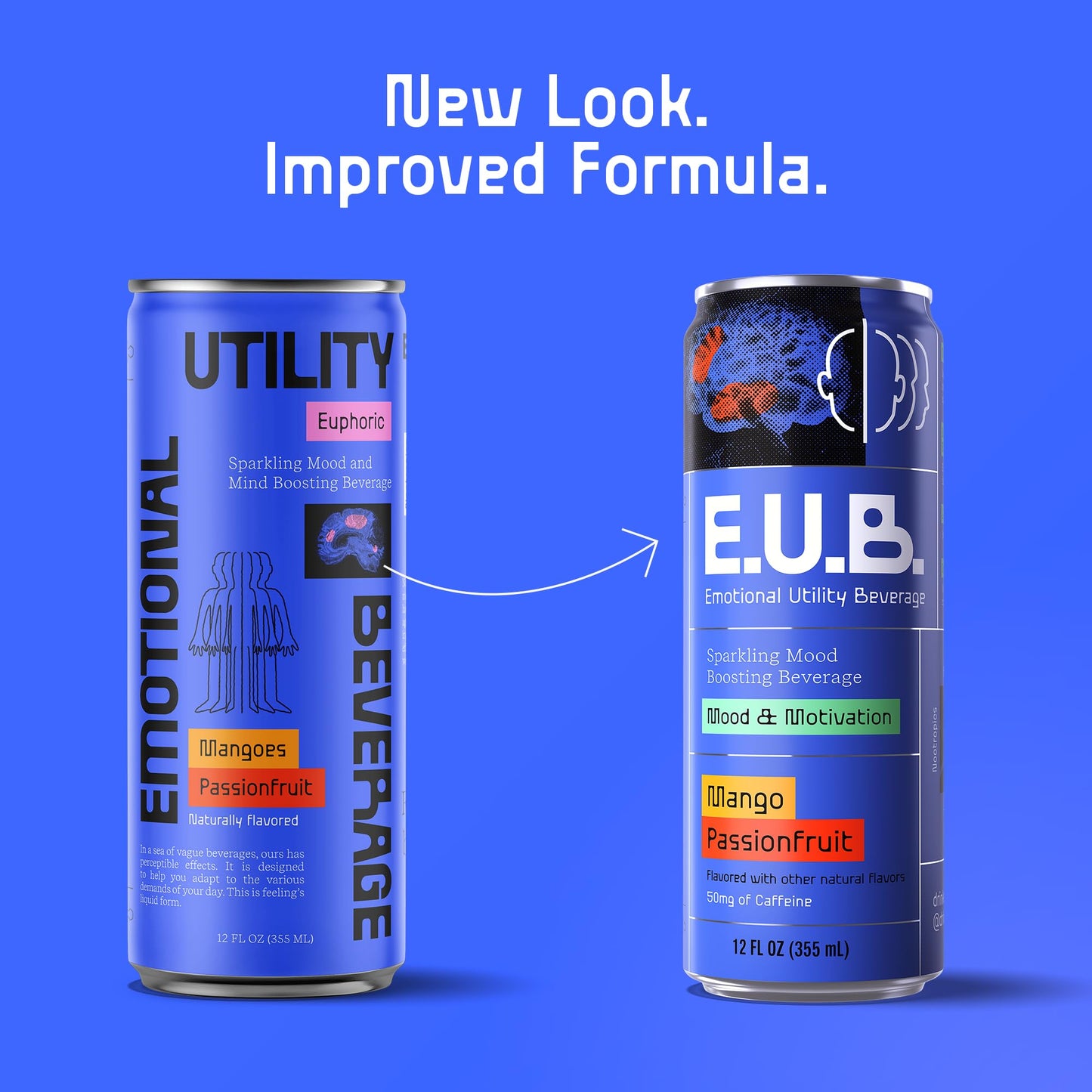 E.U.B. Mango Passionfruit Sparkling Functional Beverage  12oz Can  50mg Caffeine  25 Calories  with Nootropics & Adaptogens for Mood & Energy Support