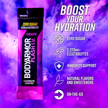 BODYARMOR Flash IV Electrolyte Packets, Grape - Zero Sugar Drink Mix, Single Serve Packs, Coconut Water Powder, Hydration for Wo