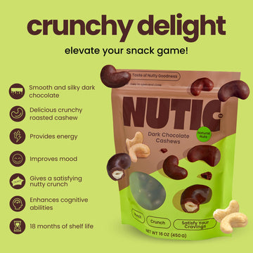 Nutic Dark Chocolate Covered Cashews - 1 Lb, Irresistibly Rich Dark Chocolate Coating, Perfect Holiday Treats & Snacks, Made In