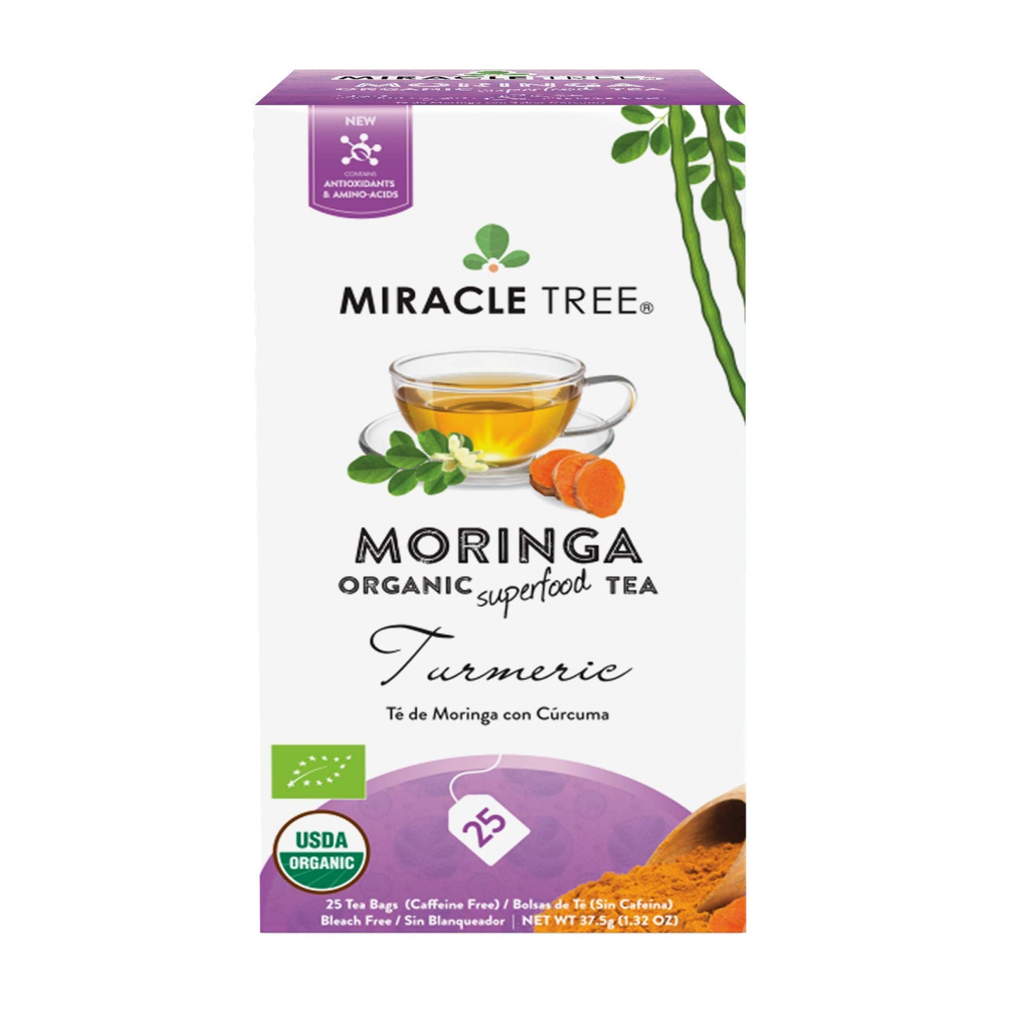 Tree Organic Moringa Tea - 25 Individually Sealed Bags, Turmeric, Vegan, Gluten-Free, Caffeine-Free