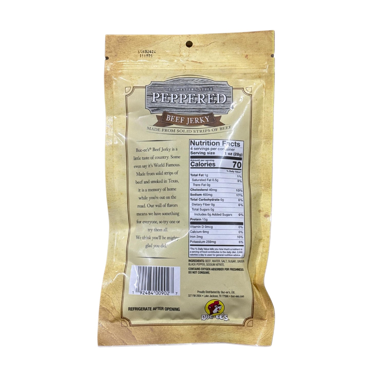 Buc-ees Smoked Peppered Beef Jerky – 100% Lean, 10g Protein, 4 Ounce Bag