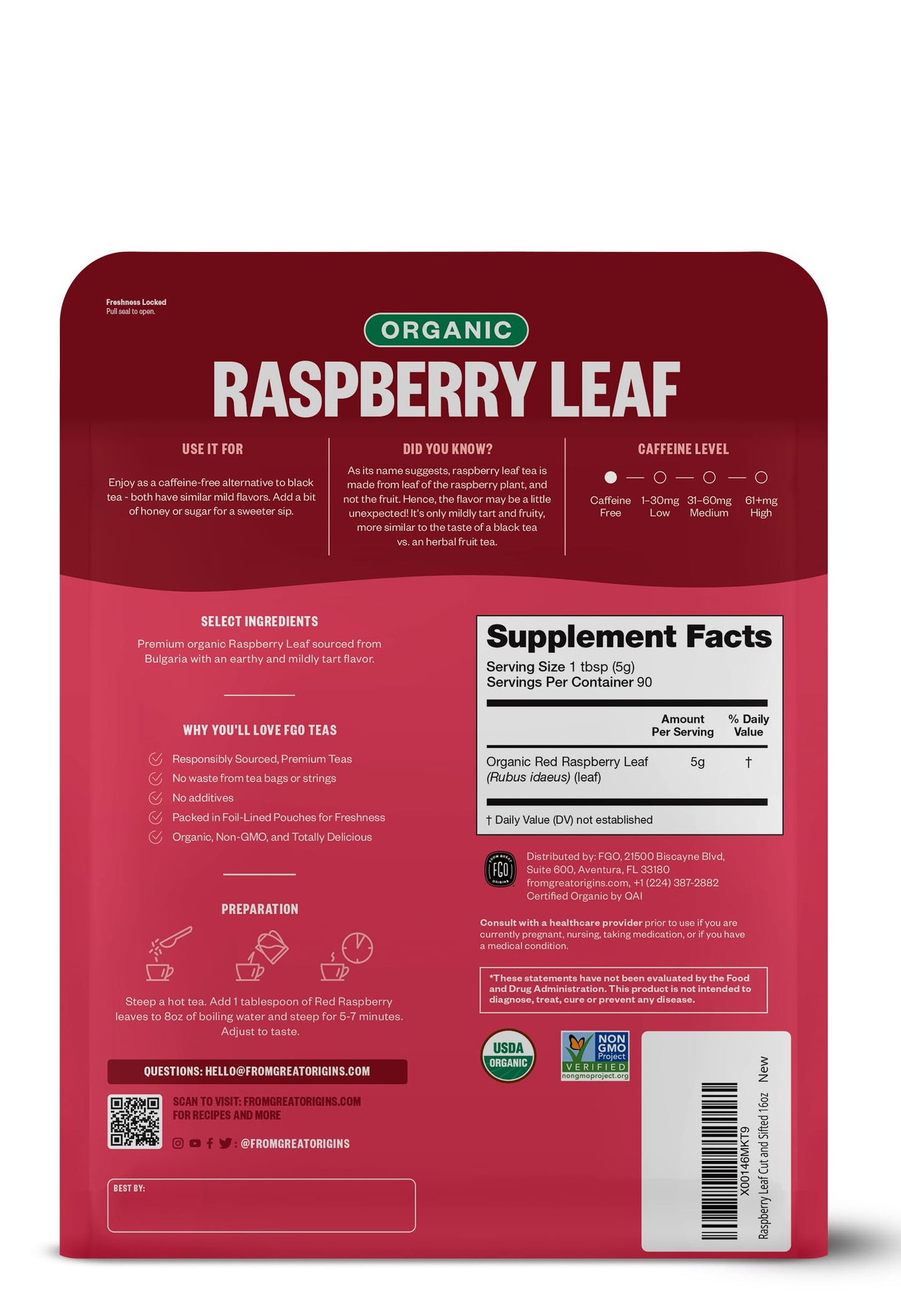 FGO Organic Red Raspberry Loose Leaf Herbal Tea, Caffeine Free, 16oz Bulk Resealable Pouch