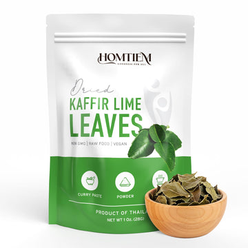 Homtiem Organic Dried Kaffir Lime Leaves 1oz (28g) Direct from source Thailand, Non-GMO, Chemical-Free, Pure Natural, Preserved 