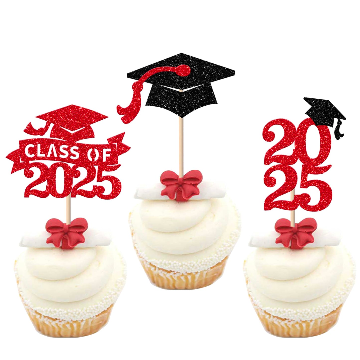 YCTHUNFISH 24 Pack Graduation Cupcake Toppers Glitter Congrats 2025 Red Paper Picks for Class of 2025 Party Decorations