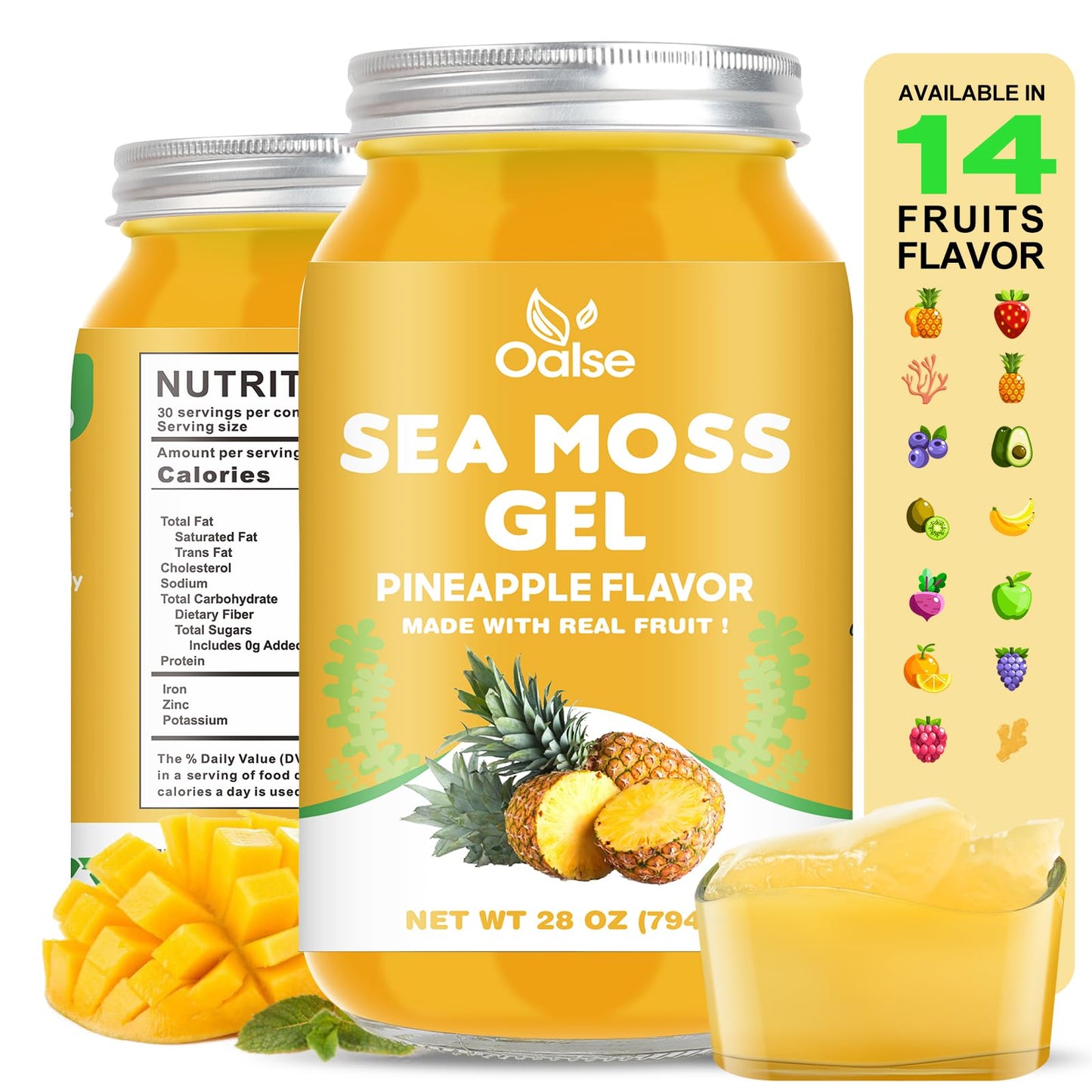 Oalse Sea Moss Gel - Raw Nutritious Irish Sea Moss Gel Rich In 102 Vitamins And Minerals, Proteins & Vitamins, Vegan-Friendly 28Oz Pineapple Flavor