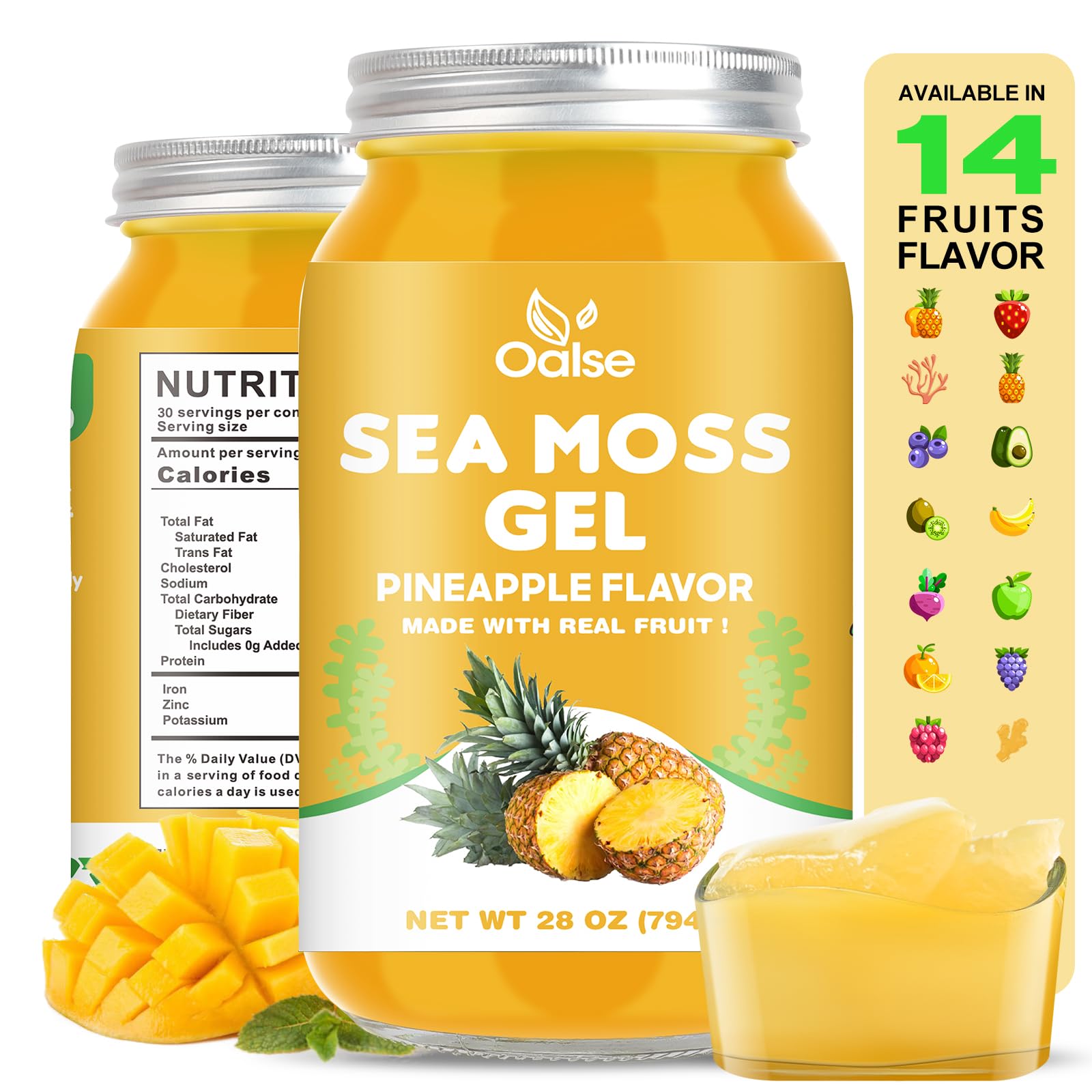 Oalse Sea Moss Gel - Raw Nutritious Irish Sea Moss Gel Rich In 102 Vitamins And Minerals, Proteins & Vitamins, Vegan-Friendly 28Oz Pineapple Flavor
