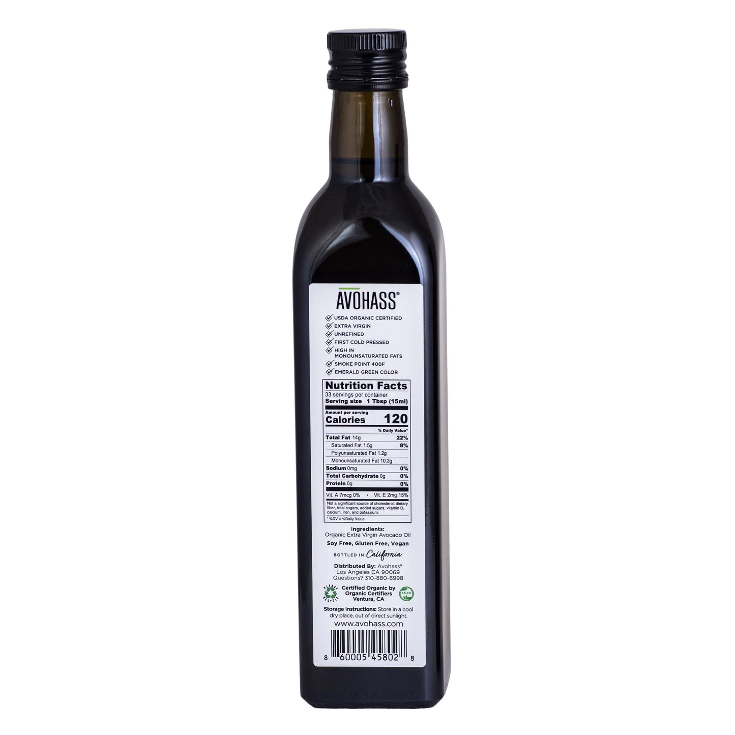 Avohass Mexico Usda Organic Certified Extra Virgin Avocado Oil 16.9 Fl Oz Bottle