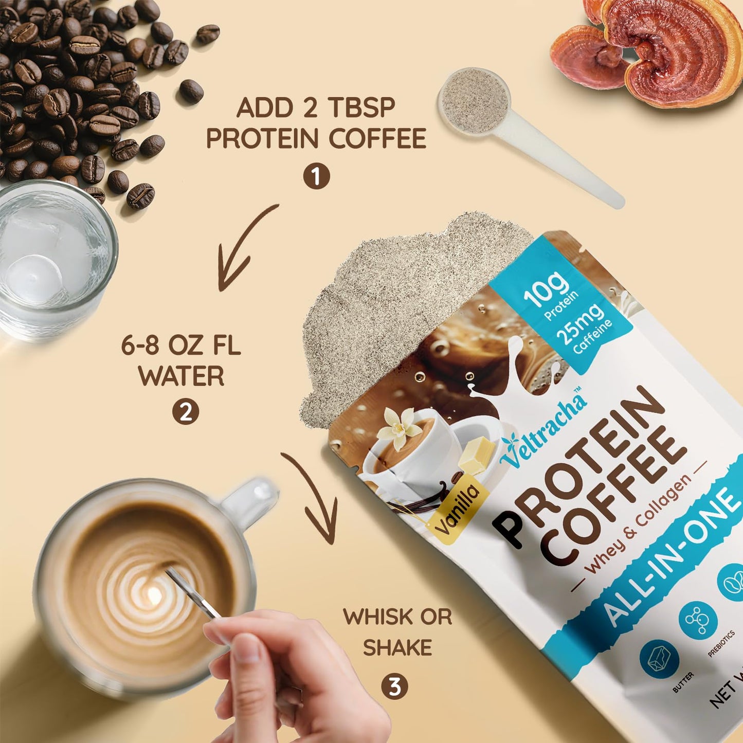 Veltracha Whey Protein Coffee, Collagen Protein Iced Coffee with Prebiotic Mushrooms & Butter, Natural Energy without Jitters -