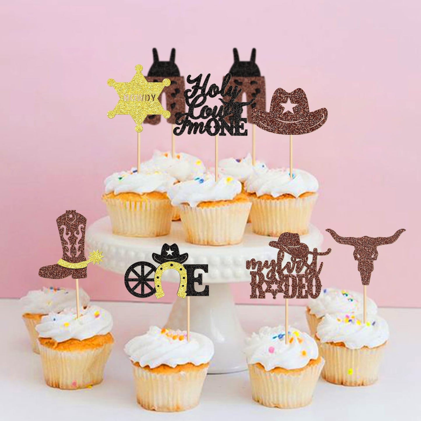 32 Pack Cowboy My 1St Rodeo Cupcake Toppers Holy Cow I'M One Horseshoe Cowboy Hats Western Theme Happy Birthday Baby Shower Part
