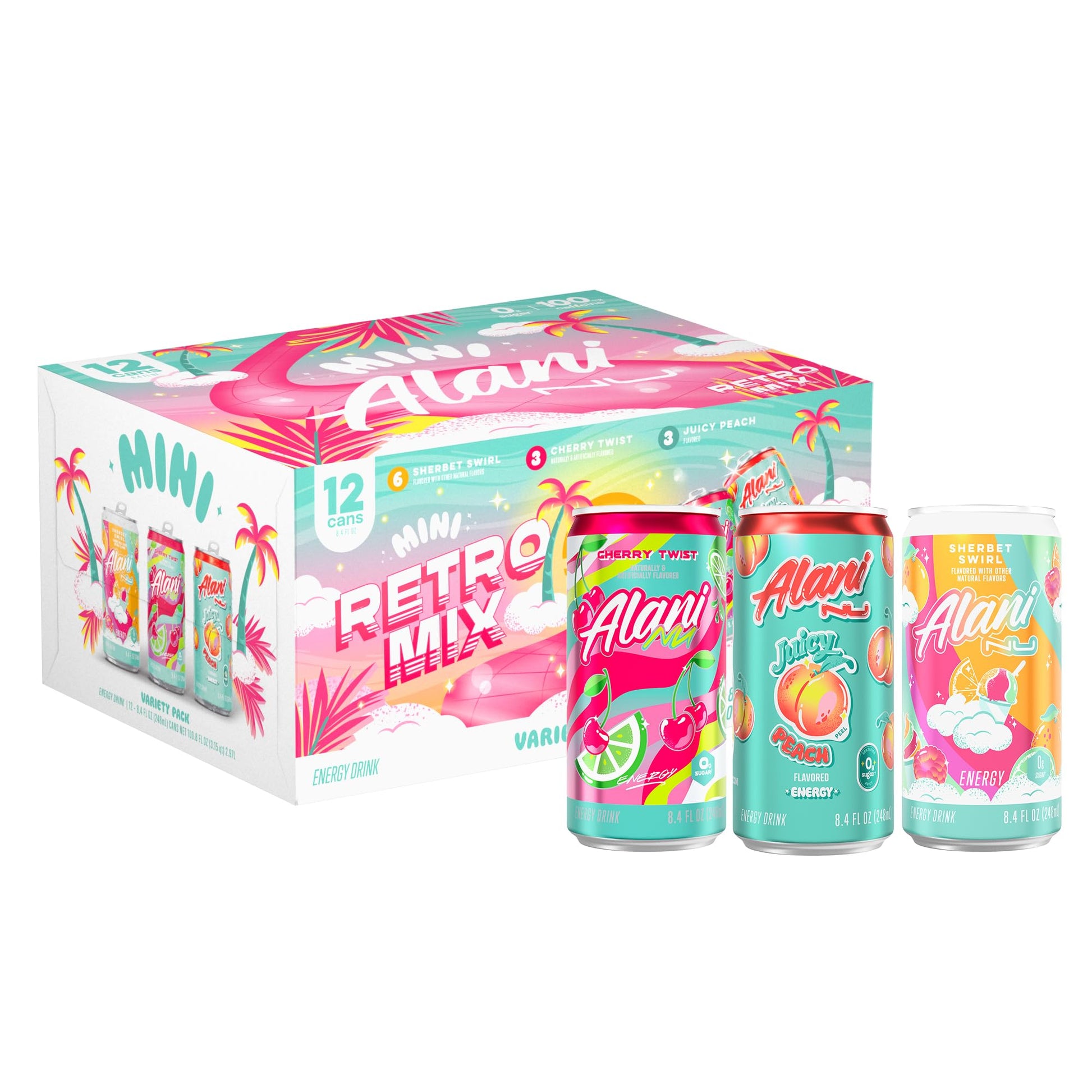 Alani Nu RETRO VARIETY PACK (Sherbet Swirl  Juicy Peach and Cherry Twist)  Low Calorie Energy Drinks  100mg Caffeine  Biotin  B Vitamins  Zero Sugar  10 Calories or Less  8 Fl Oz Cans  12 Pack