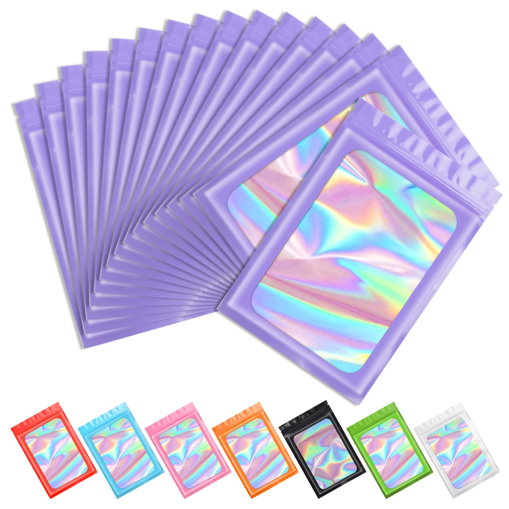 Funfery 100 Pcs Purple Mylar Holographic Bags Packaging Bags, Clear Resealable Smell Proof Bags Seal Foil Pouch Ziplock Bags For