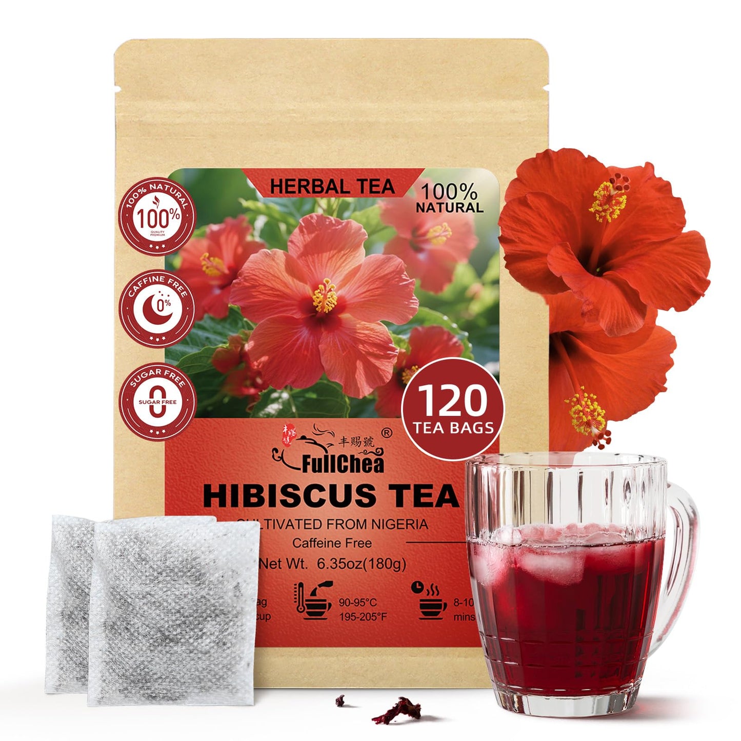 Fullchea - Hibiscus Tea Bags  1.5G*120 Counts - Te De Flor De Jamaica  Hibiscus Flowers Tea For Daily Wellness - Non-Gmo - Energy Blend-Free - Rich In Antioxidants & Support Digestion