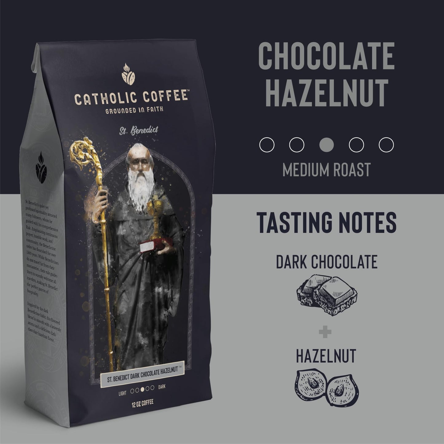 St. Benedict Chocolate Hazelnut Blend Medium Roast Catholic Coffee (Ground) 12 Ounces - Small-Batch Crafted, For Catholic Faithf