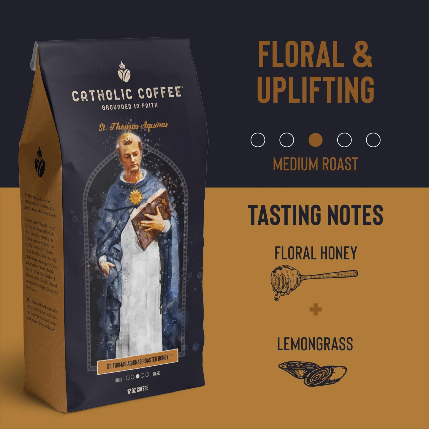 St. Thomas Aquinas Honey Blend Medium Roast Catholic Coffee (Whole Bean) 12 Oz Small-Batch Craft Coffee, Gift For Catholic Faith
