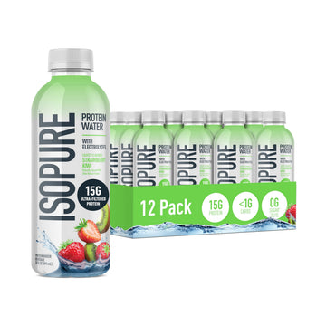 Isopure Clear Protein Water with Electrolytes, 15g Whey Protein Isolate, Zero Sugar, Strawberry Kiwi, 20 fl oz, 12-Pack
