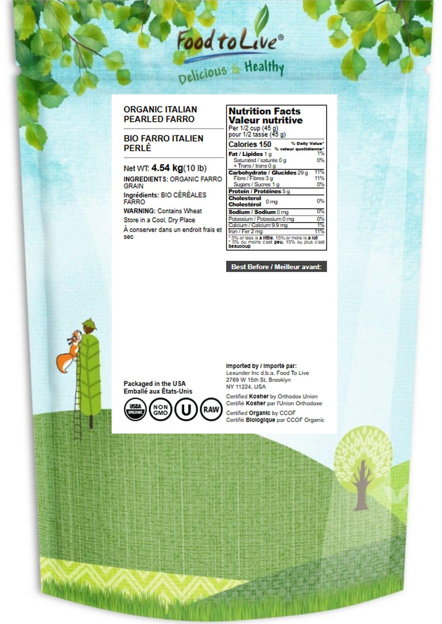 Food to Live Organic Italian Pearled Farro, 10 Pounds - Whole Farro Grain, Good Source of Fiber and Protein, Great for Salads, S