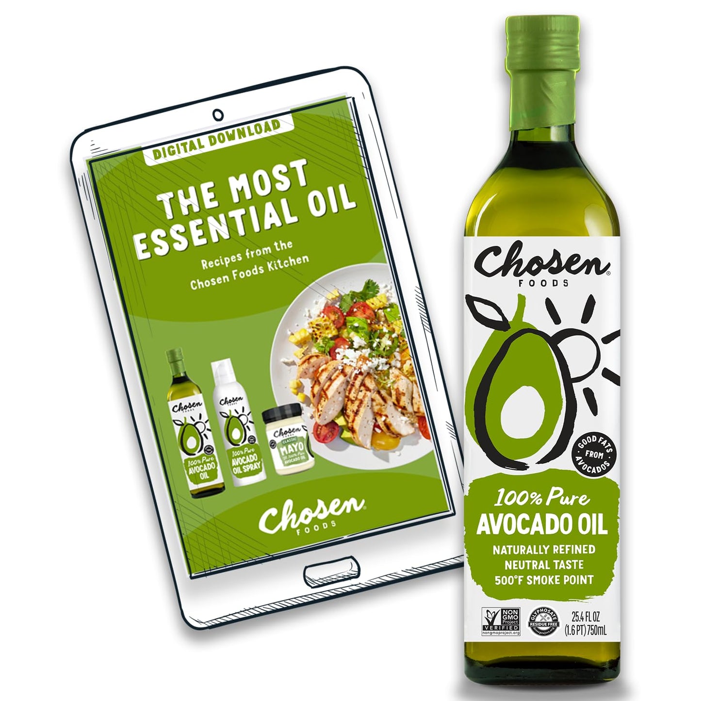 Chosen Foods 100% Pure Avocado Oil For Cooking - 25.4 Floz - Rich In Good Fats, Vitamin E, Naturally Refined, High Smoke Point, Non-Gmo, Soy-Free, Canola Oil-Free, Gluten-Free, Paleo, Keto + Digital Recipe Book