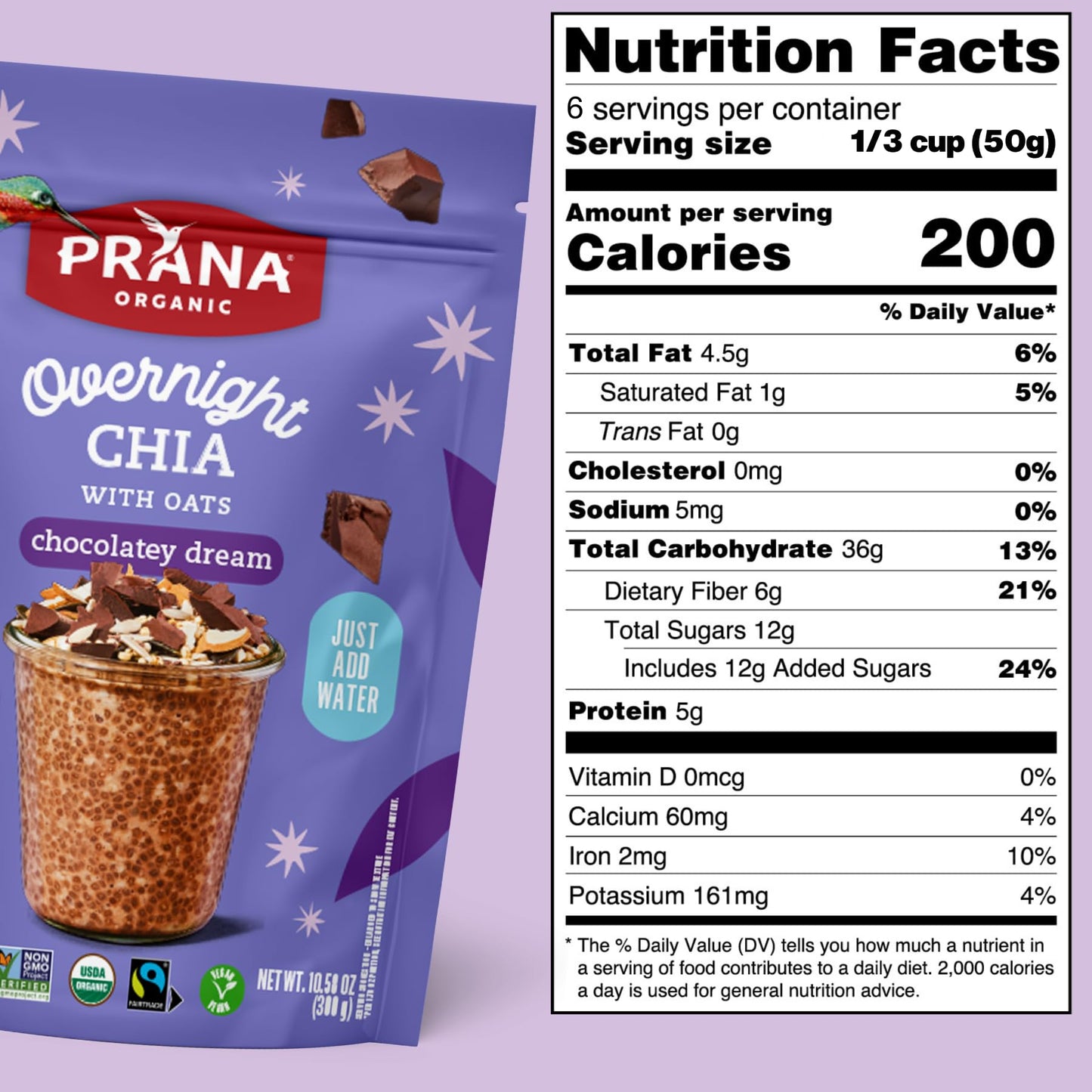 Prana Organic Overnight Chia with Oats Chocolatey Dream | Rich in Fiber & Protein, Vegan, Non-GMO | Fairtrade Chia Pudding - 10.