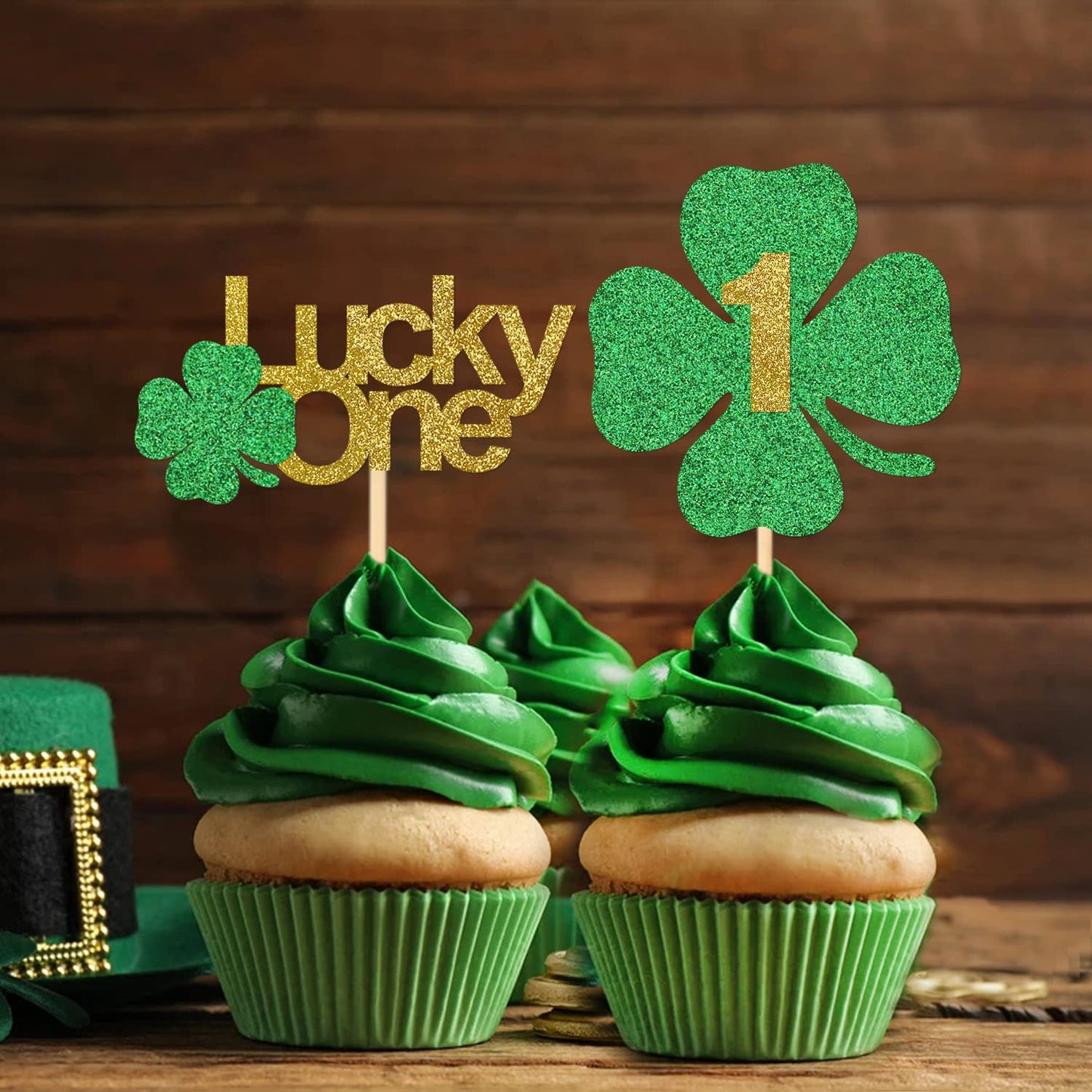 Glitter St Patricks Day Cupcake Toppers, Lucky One First Birthday 4 Leaf Clover Decorations, Shamrock Cupcake Toppers,Lucky One