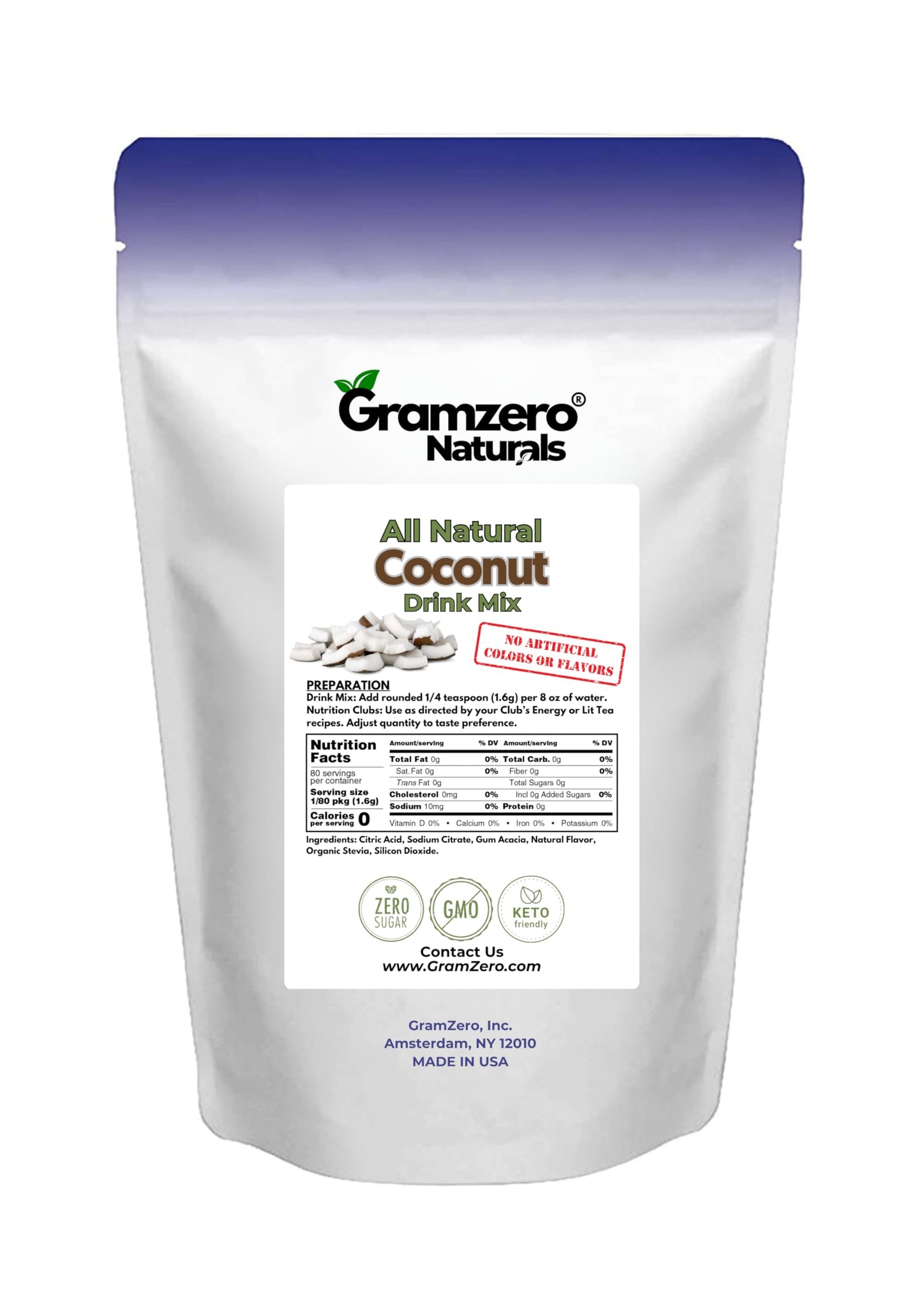 Gramzero All Natural Coconut Zero Calorie Sugar Free Drink Mix, Great For Nutrition Club Loaded Tea, Stevia Sweetened