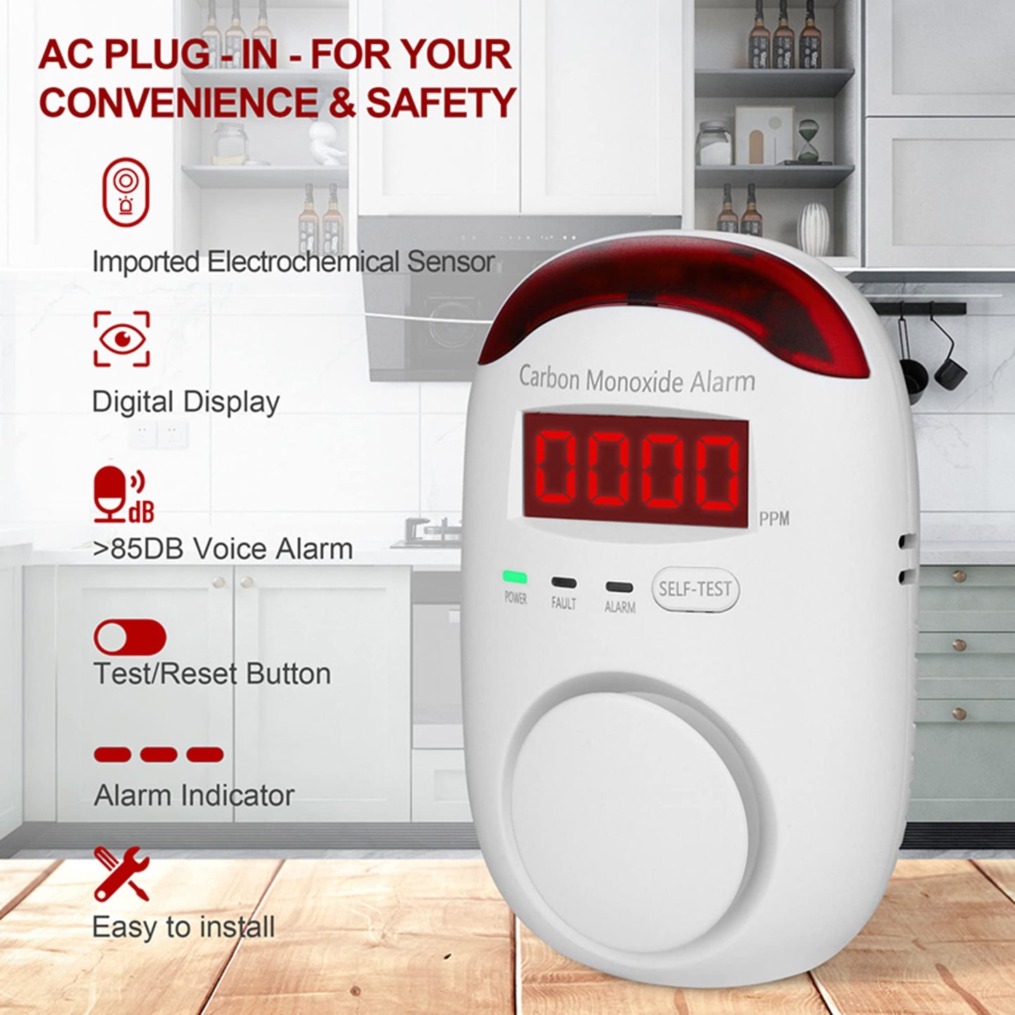 Koabbit Carbon Monoxide Detector - Plug In Co Level Monitor Alarm With Digital Display Sound & Light Warning For Home/Apartments