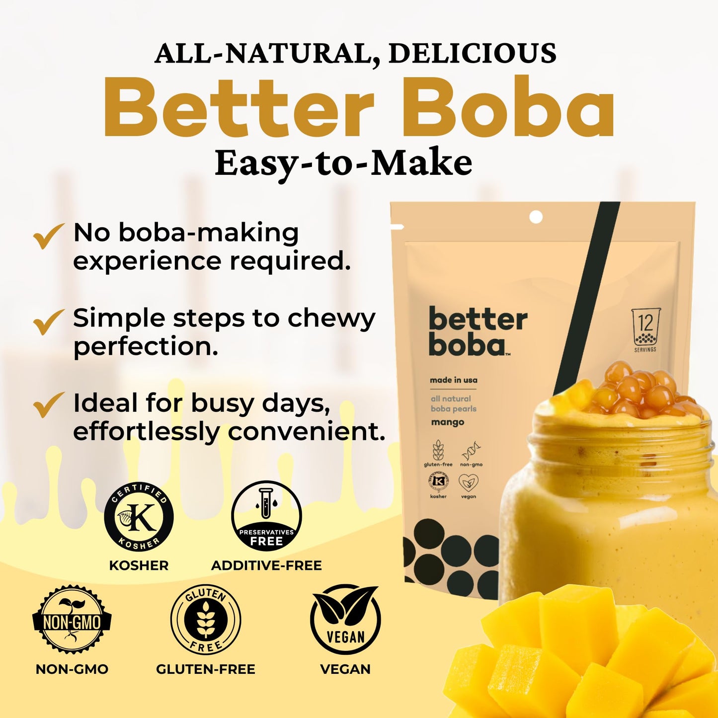 Better Boba All-Natural Mango Boba Pearls | Kosher, Vegan, Gluten-Free, Non-Gmo Popping Boba For Bubble Tea, Desserts| 8 Oz Pack