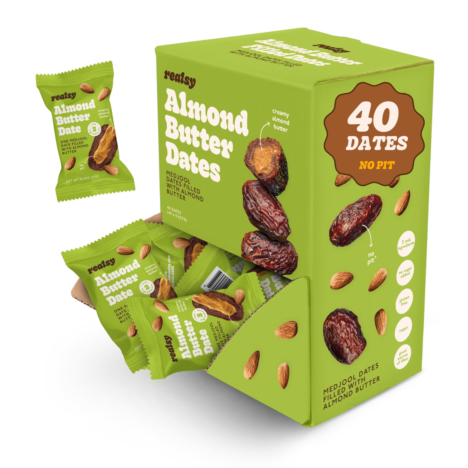 Realsy Medjool Dates - Organic, Gluten-Free, Vegan Snack, No Sugar Added, Single Wrapped (40 ct), Almond Butter