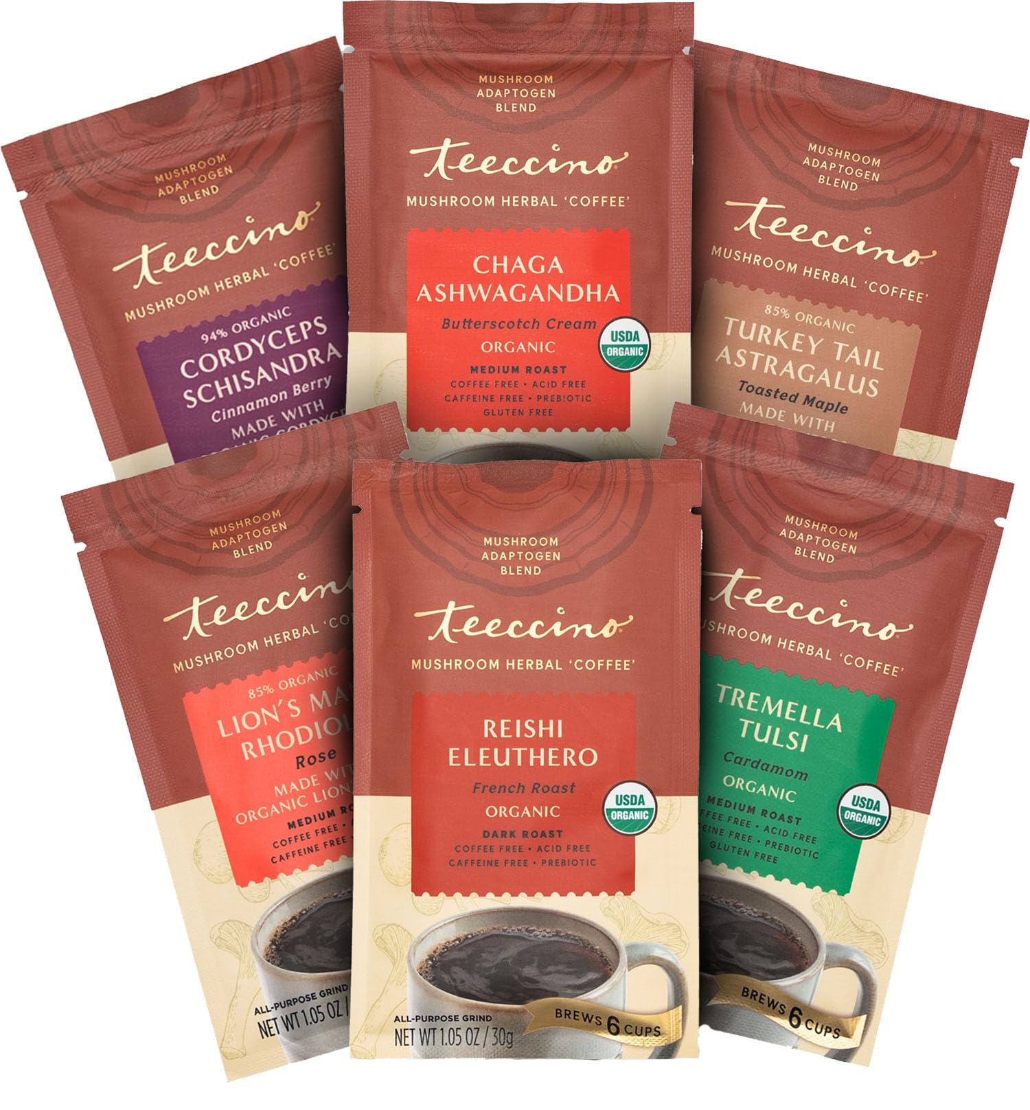 Teeccino Mushroom Adaptogen Herbal Coffee Sampler - 6 Trial-Size Packets - Chaga Ashwaganda  Reishi Eleuthero  Tremella Tulsi  Cordyceps Schisandra  Turkey Tail Astragalus  Lions Mane Rhodiola