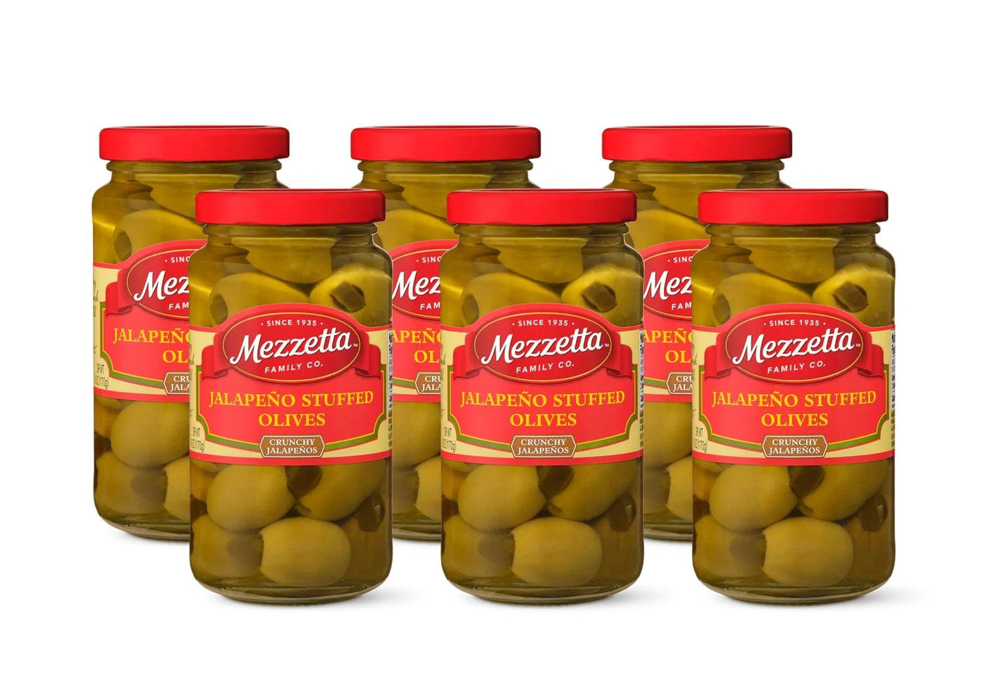 Mezzetta Jalapeno Stuffed Olives, Medium Heat | Gluten Free, Keto | 6 Ounce Drained Weight Jar (Pack of 6)