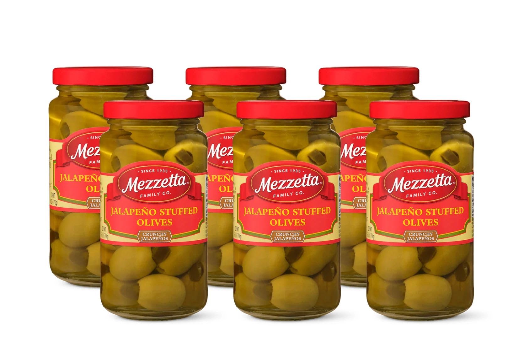Mezzetta Jalapeno Stuffed Olives, Medium Heat | Gluten Free, Keto | 6 Ounce Drained Weight Jar (Pack of 6)