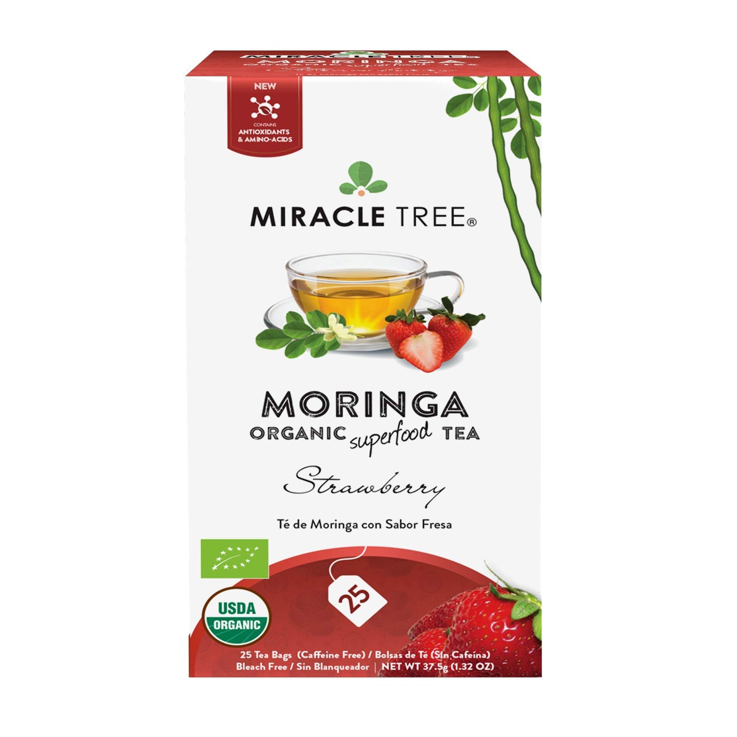 Tree Organic Moringa Superfood Tea - 25 Individually Sealed Bags, Strawberry Flavor, Vegan, Gluten-Free, Caffeine-Free
