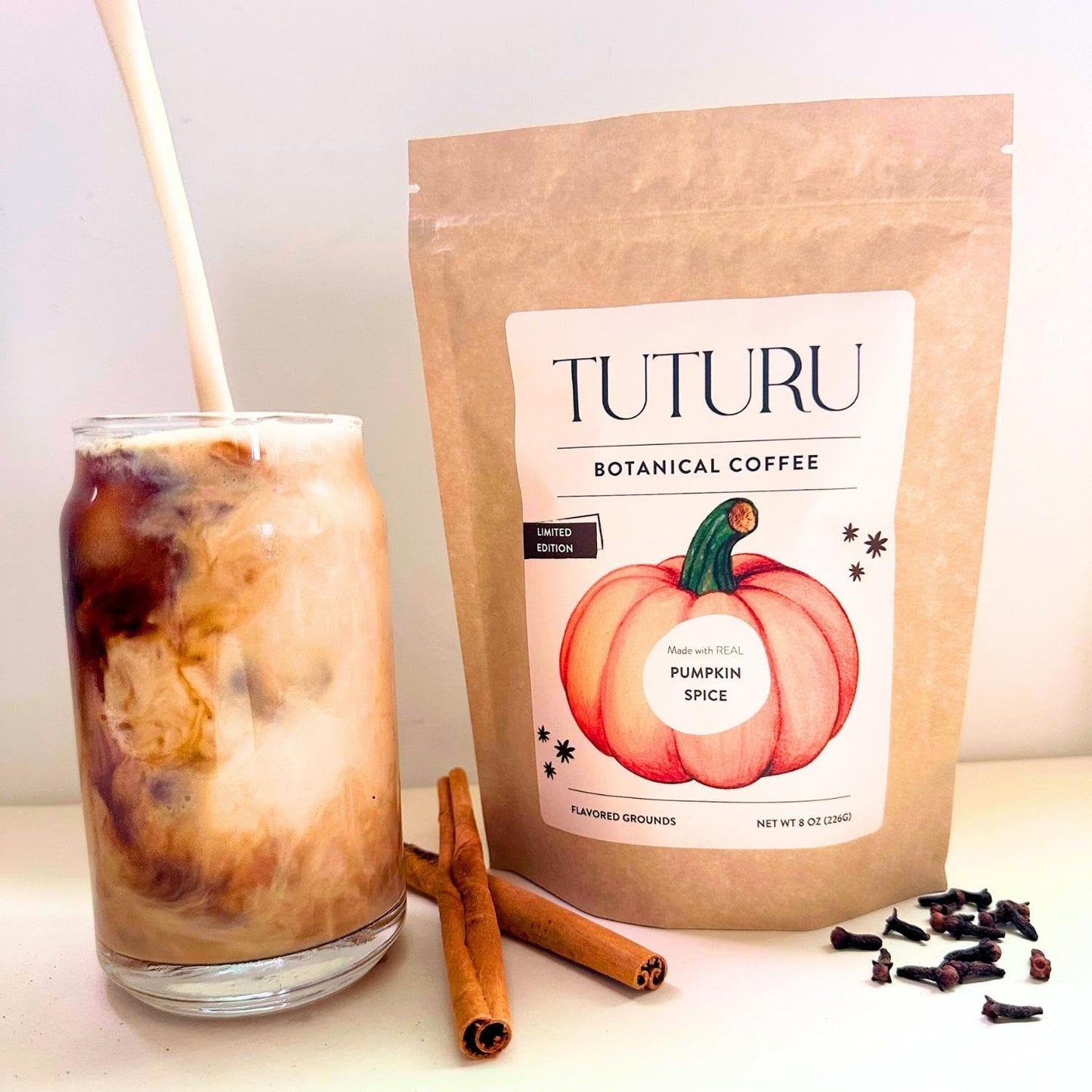 TUTURU Botanical Coffee Organic Pumpkin Spice Ground Coffee - Medium Roast, Low-Acid, 8 oz, 22 Servings