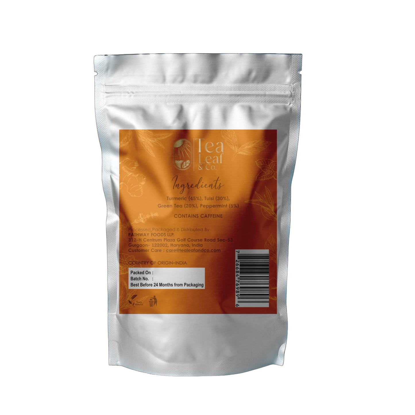 Tea Leaf & Co. Turmeric Tulsi Green Tea - Herbal Blend with Peppermint - 100 Teabags (7.055oz/200gm) - Low Caffeine & Vegan