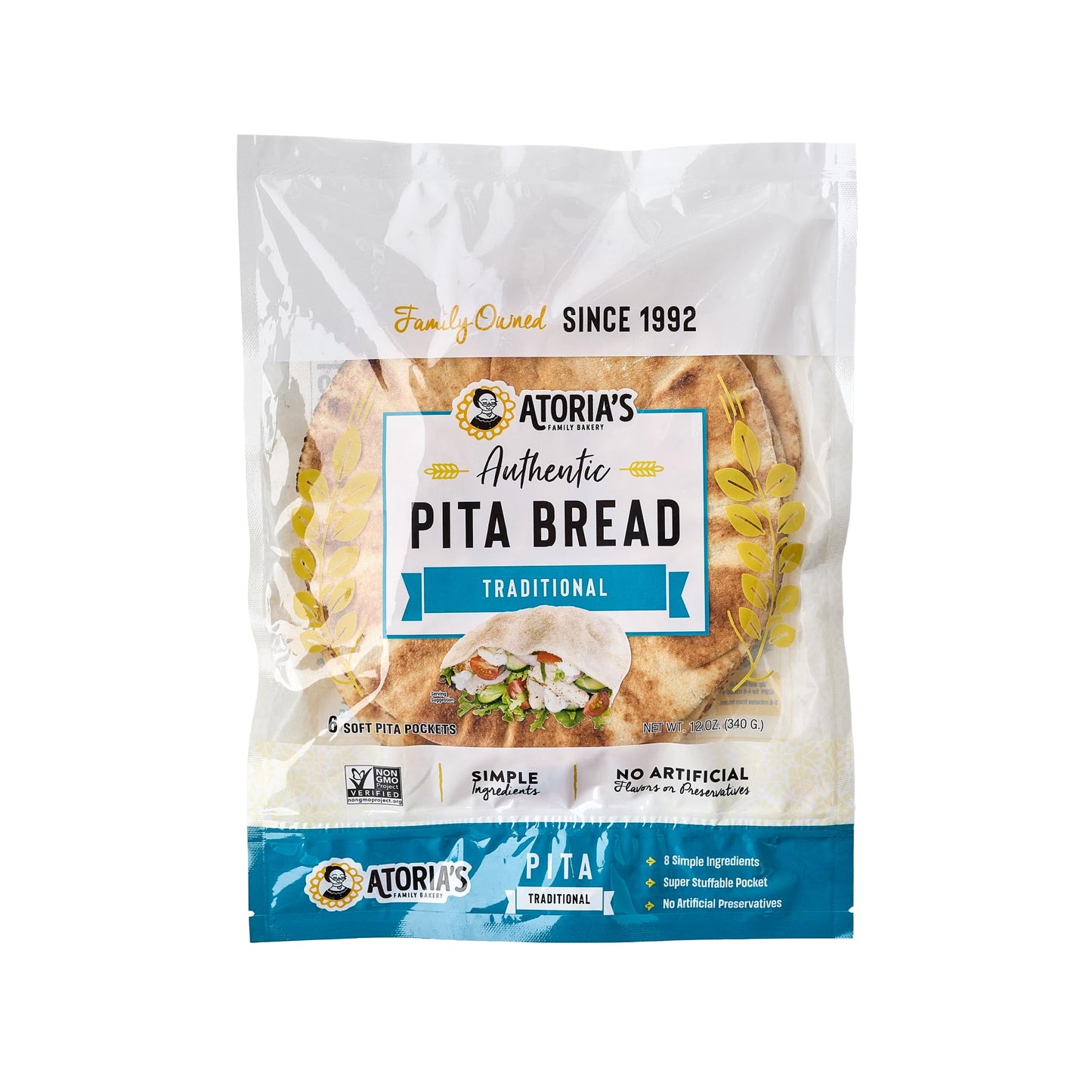 Atorias Family Bakery Traditional Pita Flatbread 8 Pack | 48 Individual Pita Pockets | Fresh Baked, All Natural, GMO Free, and 
