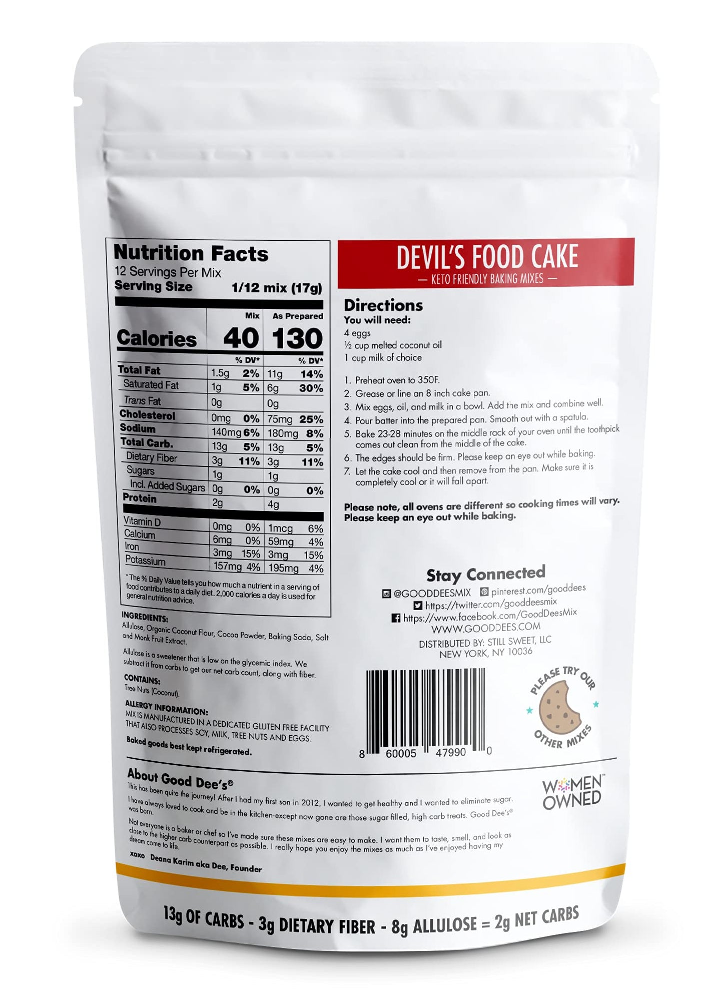Good Dees Low Carb Baking Mix, Devils Food Cake Baking Mix, Keto Baking Mix, No Sugar Added, Gluten Free, Grain-Free, Soy-Free,