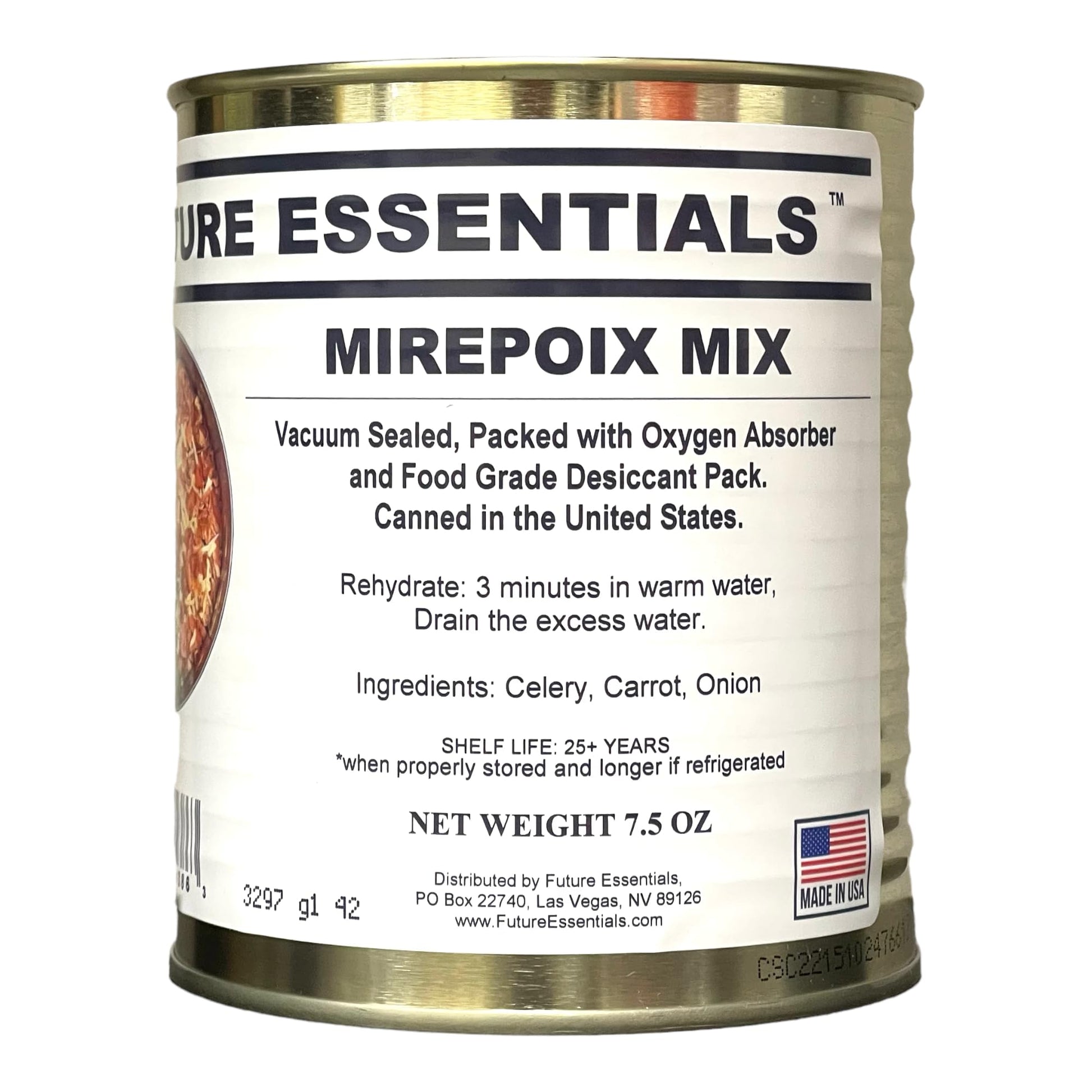 Future Essentials Dehydrated Mirepoix Mix – Dehydrated Vegetables Soup Mix with Carrot, Celery, & Onion for Cooking and Emergencies – 25+ Years Long Shelf Life – Made in the USA – 7.5 oz Can