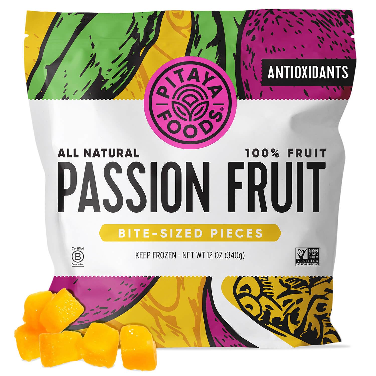Pitaya Foods - Frozen Organic Passion Fruit Bite-Sized Pieces, Pre-Packaged Frozen Fruit, No Added Sugar or Preservatives, Good 