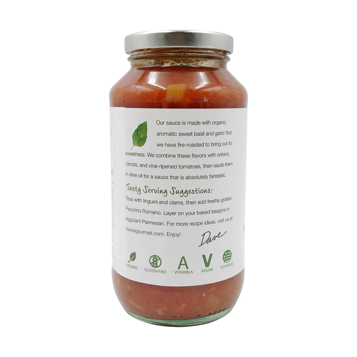 Daves Organic Roasted Garlic And Sweet Basil Pasta Sauce, 25.5 Ounce - 6 Per Case.