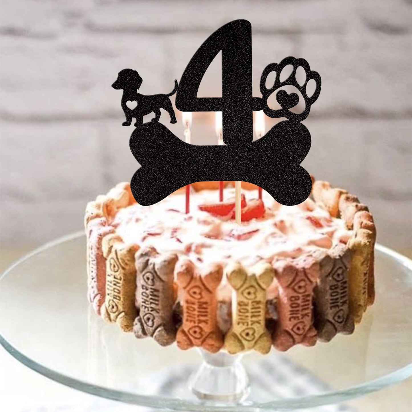 1 Pcs 4Th Birthday Cake Topper Black Glitter Dog Paw Four Years Old Birthday Puppy Dog Bone Cake Pick For Let'S Pawty Baby Showe