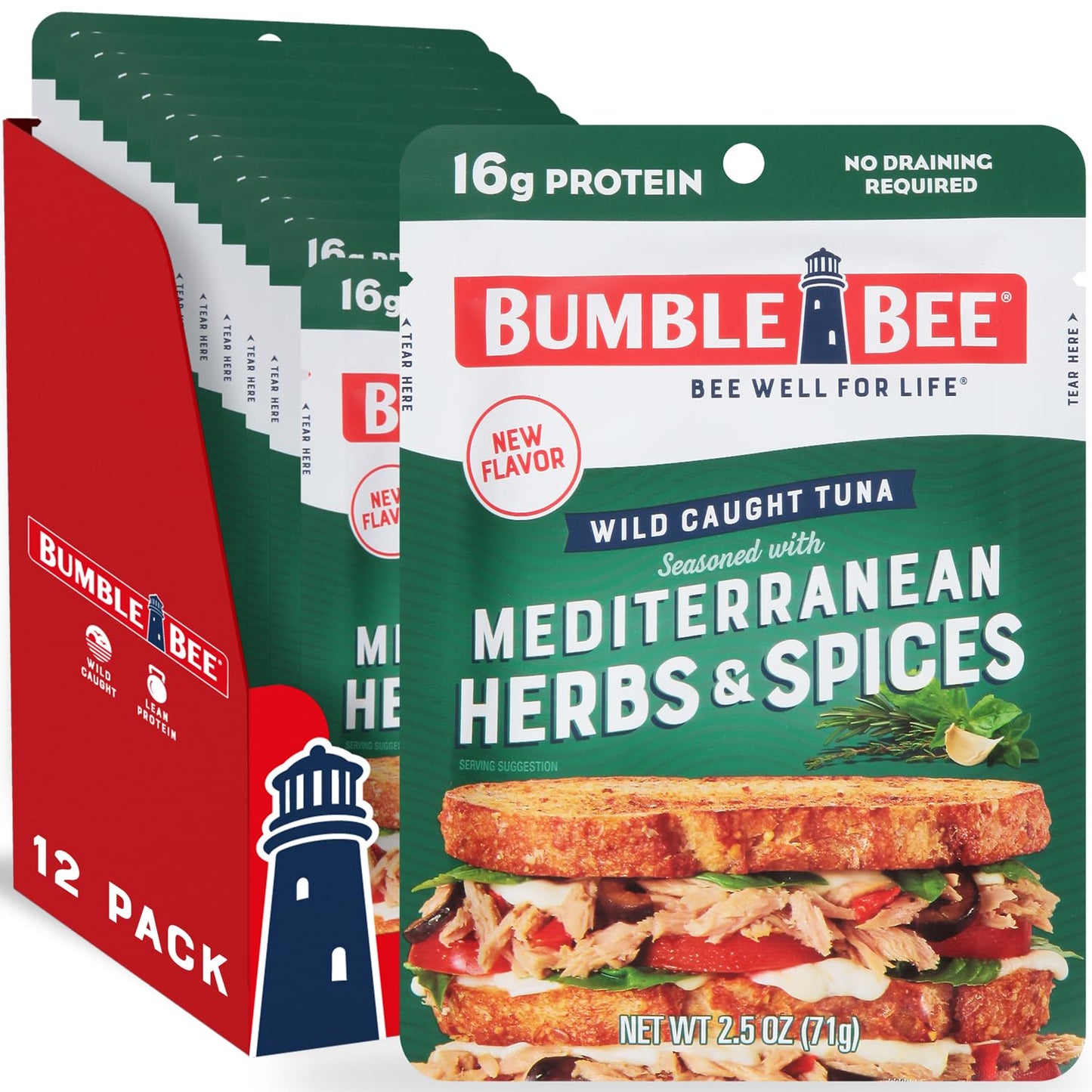 Bumble Bee Mediterranean Herbs & Spices Tuna, 2.5 Oz Pouches (Pack Of 12) - Ready To Eat - Wild Caught - 16G Protein Per Serving - No Draining Required