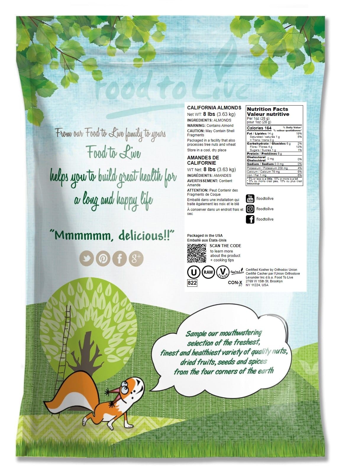 Food To Live - California Almonds, 8 Pounds - Supreme, Whole, Raw, Unsalted, Unroasted Nuts, Natural