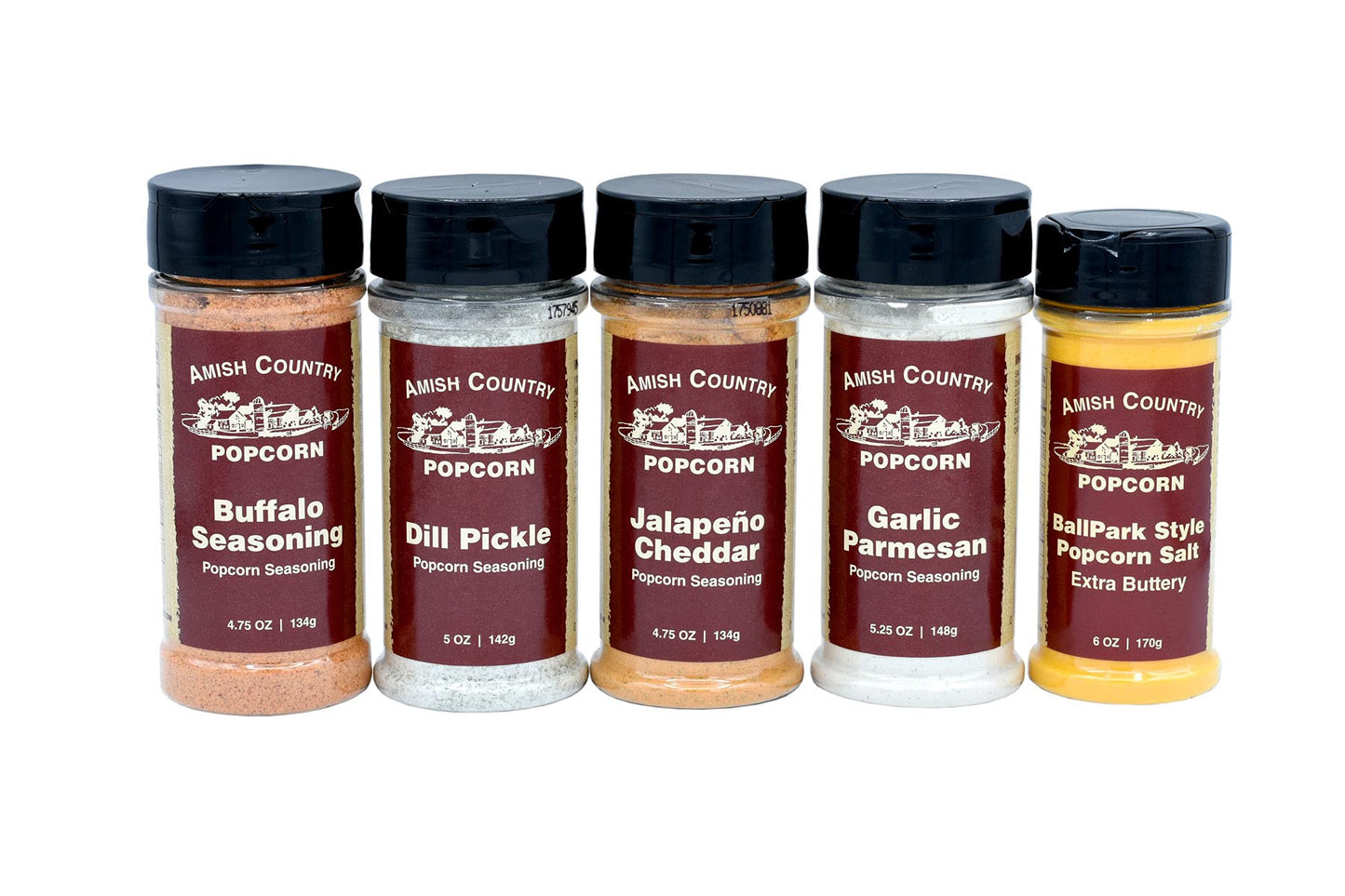 Amish Country Popcorn | 5 Pack Seasoning Bundle | Buffalo, Garlic Parmesan, Jalepeno Cheddar, Dill Pickle, 6oz Buttersalt | Old 