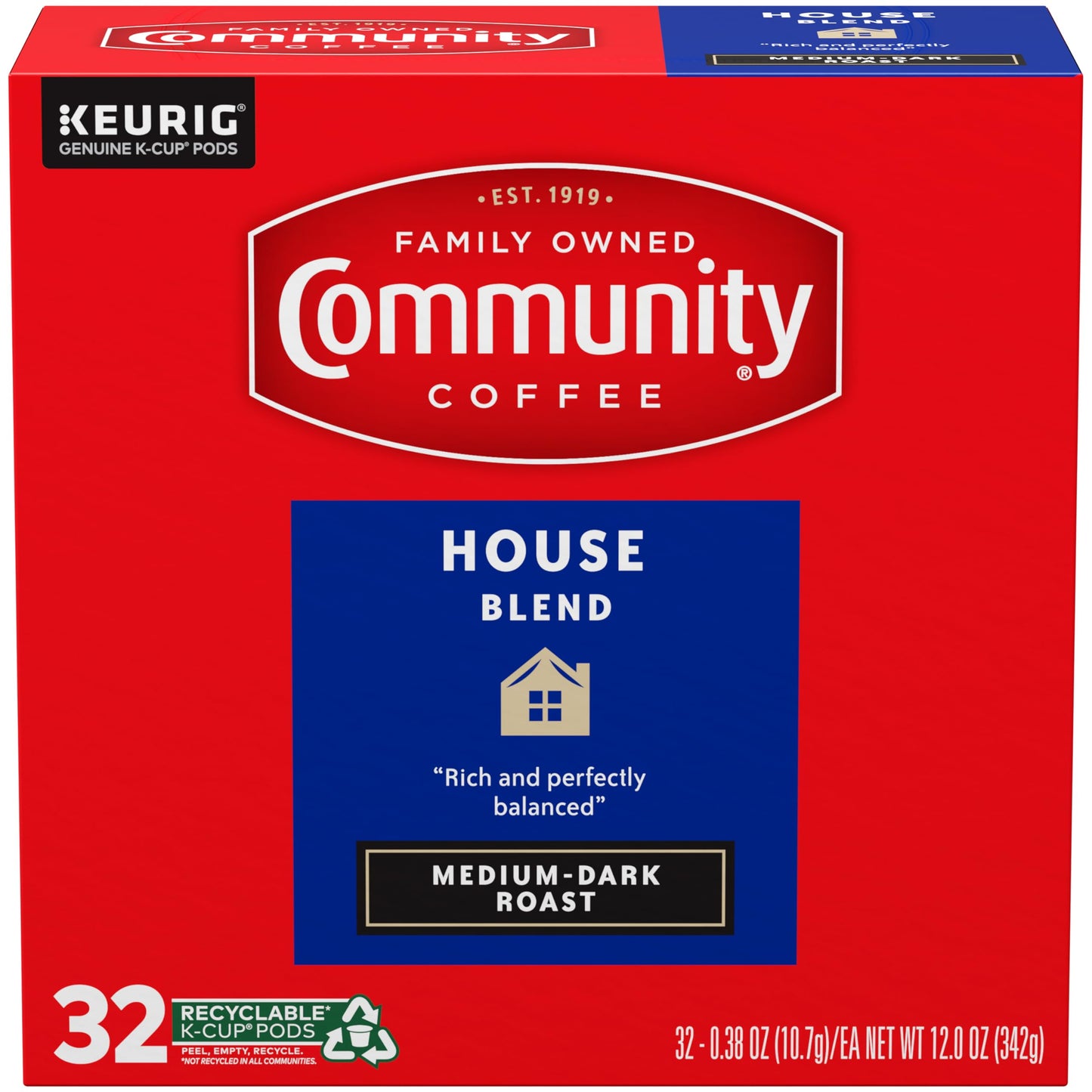 Community Coffee House Blend Medium-Dark Roast K-Cup Pods, 32 Count, Single Serve