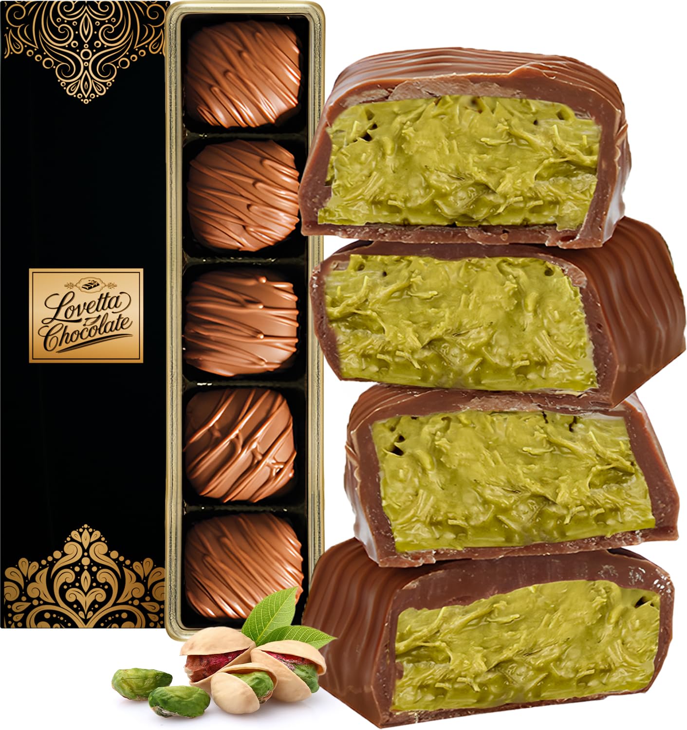 Dubai Chocolate Bar Pistachio Knafeh Mini Bites - Luxury Milk Chocolate, Gift Wrapped Fresh, Enhanced Pistachio Cream Kataifi Filling 0.85 Oz 5 Count Lovetta Chocolate