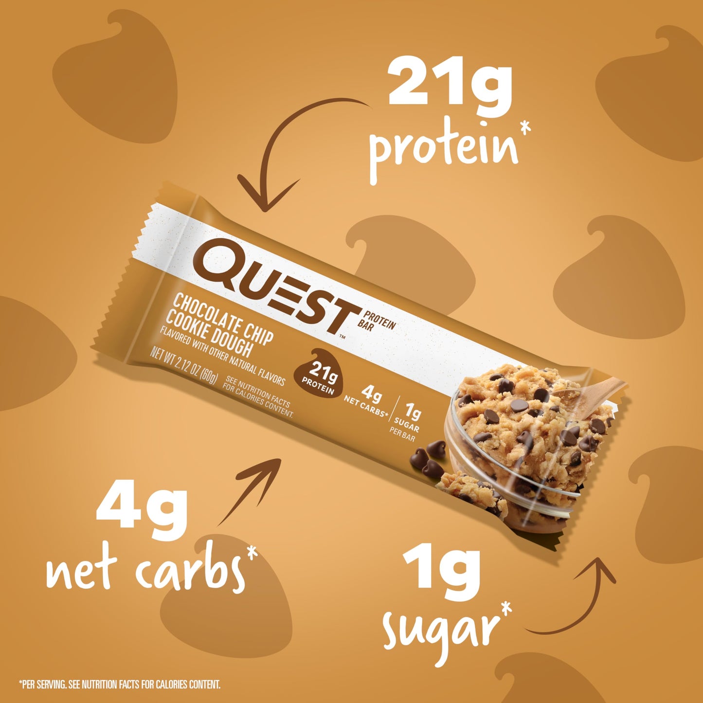 Quest Nutrition Chocolate Chip Cookie Dough Protein Bars, 21g Protein, 4, Net Carbs, 1g Sugar, Gluten Free, Keto Friendly, 4 Cou