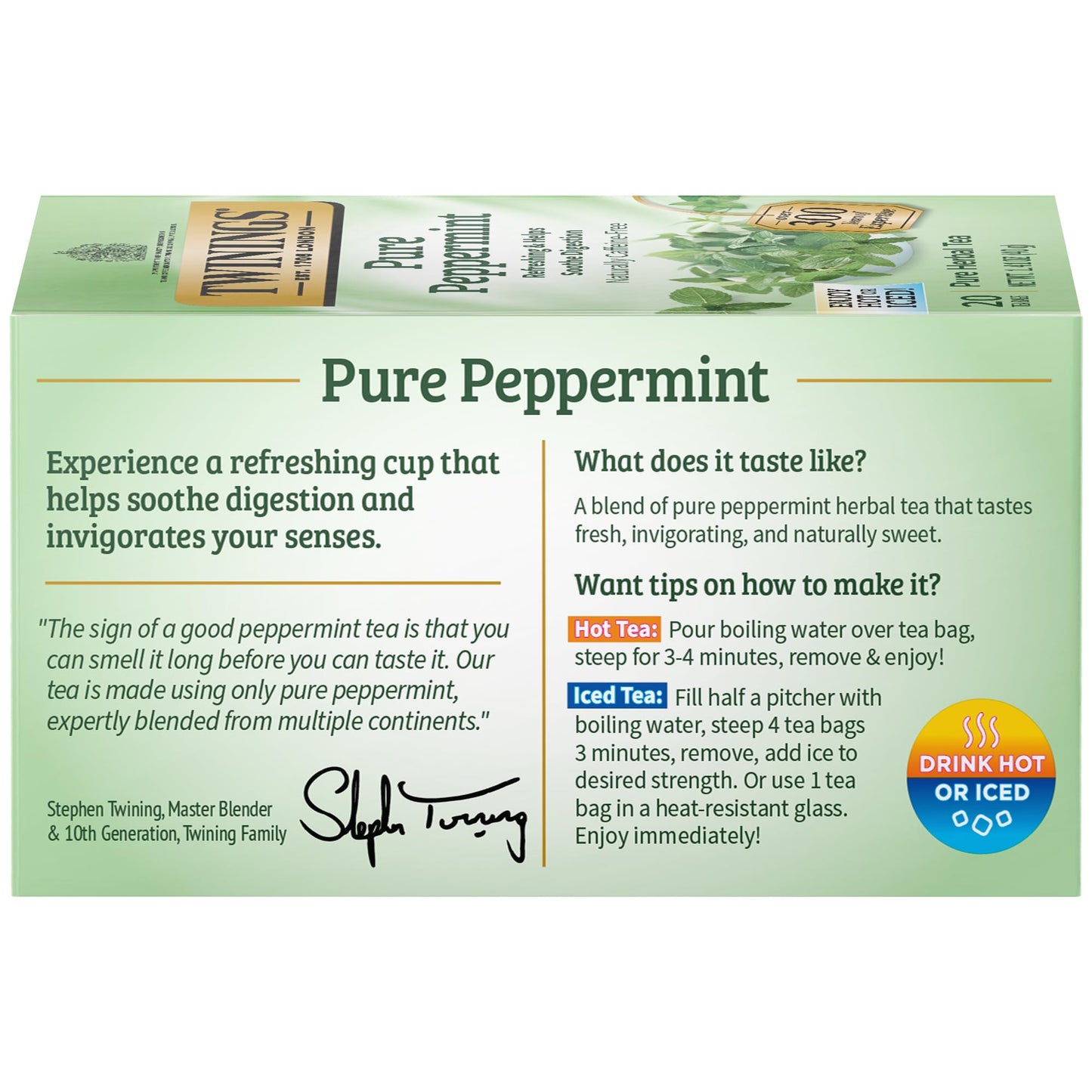 Twinings Peppermint Herbal Tea, Caffeine-Free, 20 Individually Wrapped Teabags, Fresh Minty Flavor, TWI-050