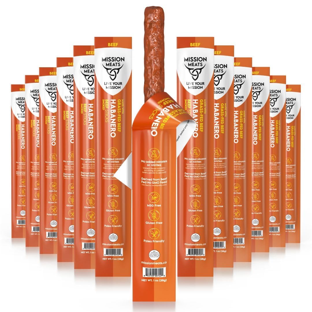 Mission Meats Beef Snack Sticks, Keto, Sugar Free, Grass-Fed, Non-GMO, Gluten Free, Habanero, 1 Ounce (Pack of 24)