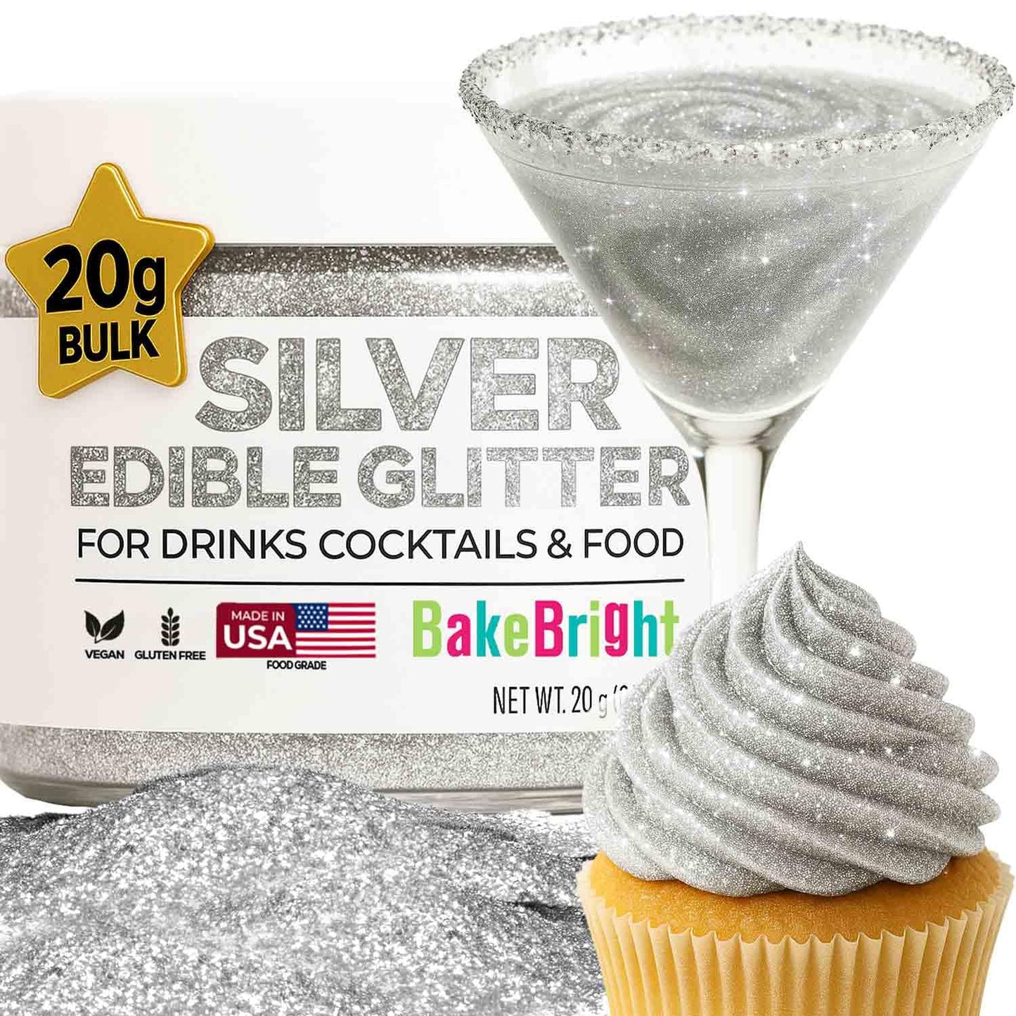 Bulk 20G Silver Edible Glitter For Drinks | Top-Grade Edible Glitter For Cakes  Mixed Flavors  Silver Cake Decorating Decorations Food Grade  Vegan  Kosher  Halal  Gluten Free - Made In Usa
