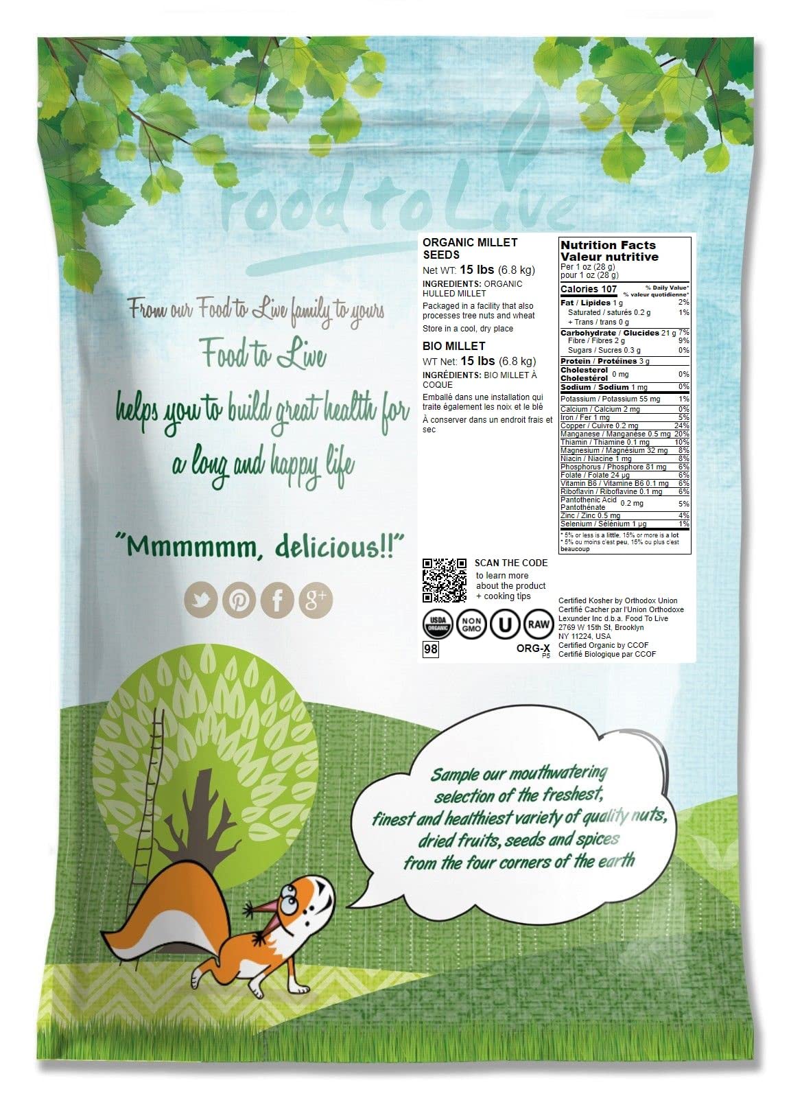 Food to Live Organic Hulled Millet - Whole Grain Seeds, Non-GMO, Kosher, 15 Pounds, Bulk, Product of the USA