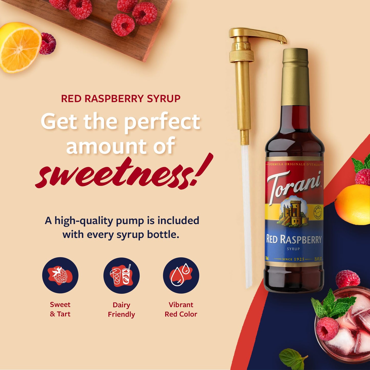 Torani Red Raspberry Syrup For Drinks, Flavoring For Iced Tea, Sodas, Cocktails, And Milk Shakes, Pump Included, 25.4 Oz